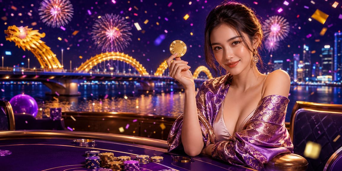 Bàn bài neon sáng rực về đêm tại Đà Nẵng trong không khí casino trực tuyến